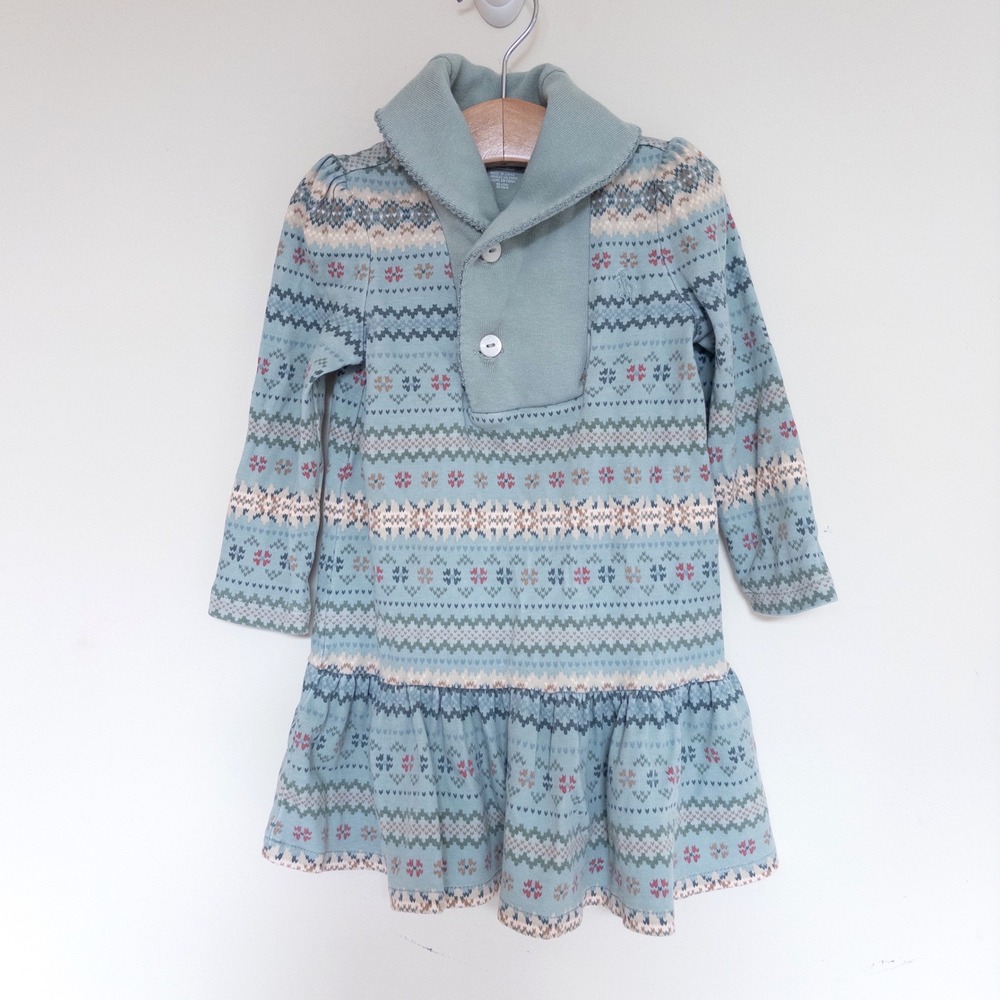 Ralph Lauren Fair Isle Dress Green Shawl Collar Ruffle Toddler Baby 18 Months